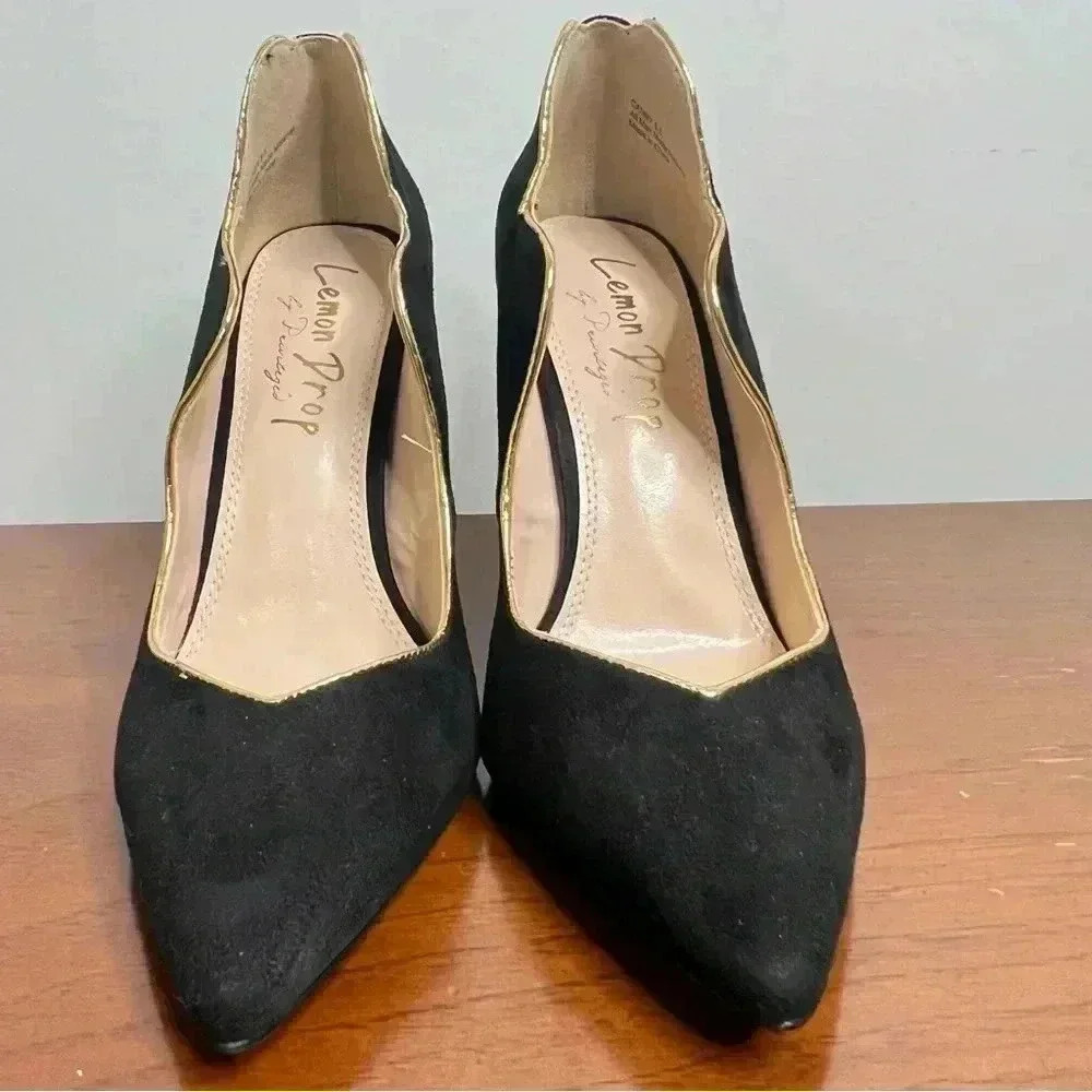 LEMON DROP BY PRIVILEGED BLACK HEELS GOLD TRIM SIZE 8.5 - Picture 7 of 15